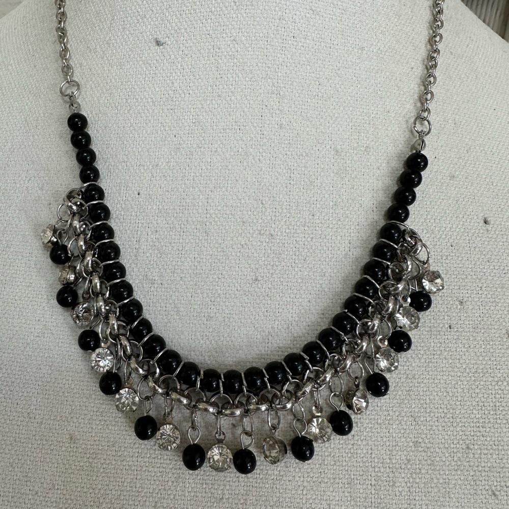Dainty silvertone and black bead necklace with rhinestone dangles